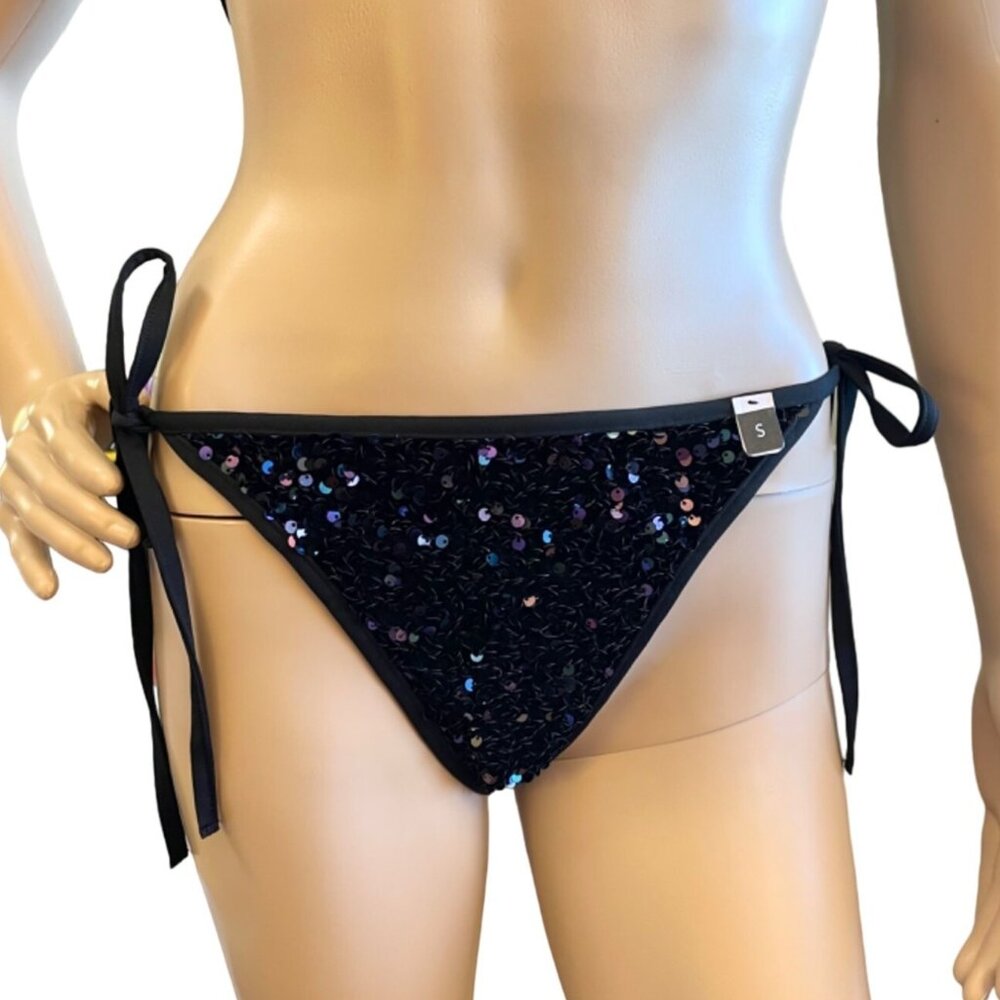 Etam Sequin Fizzy Bikini Bottoms sz S in Black w/Iridescent Sequins Adjustable